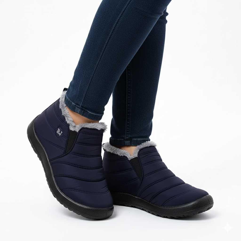 Navy blue quilted winter boots with grey plush lining and grip sole styled with dark jeans - Lewis Fordham UK