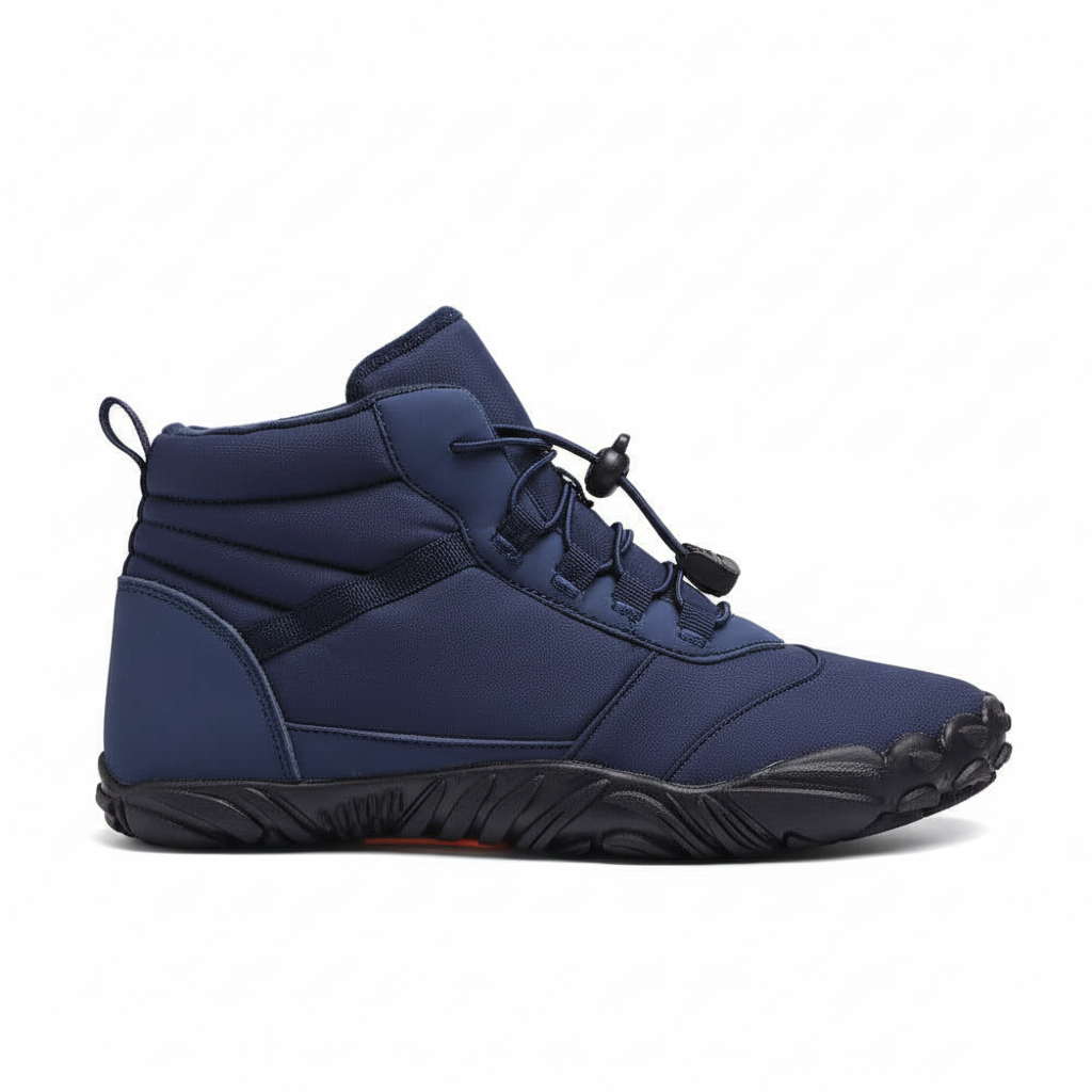 Navy blue minimalist barefoot ankle boots with wide toe box and water-resistant construction for winter hiking