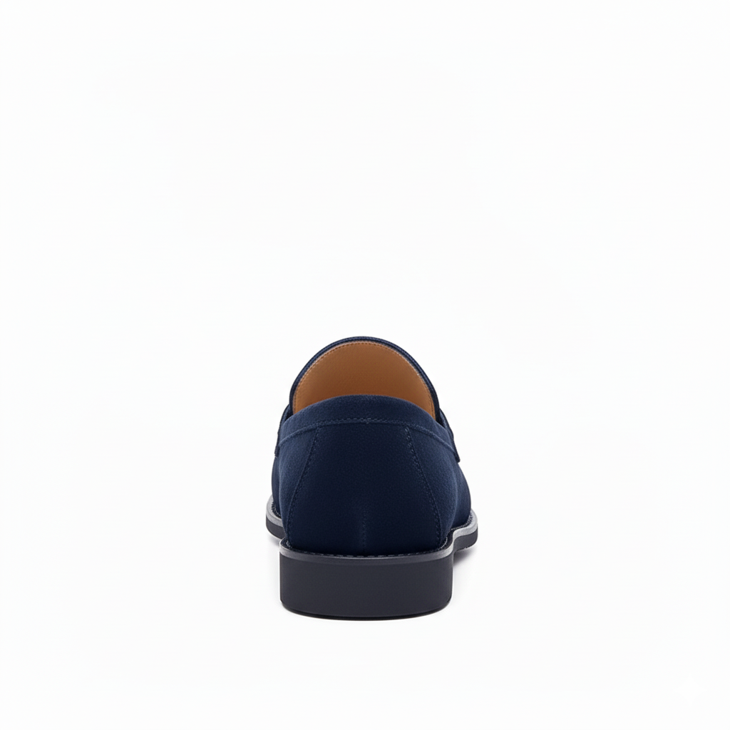 Back view of navy blue men's slip-on loafers with low block heel and premium suede construction