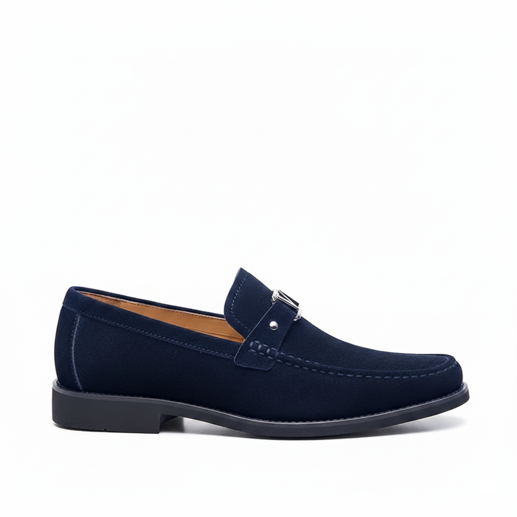 Navy blue suede loafers for men with silver metal buckle and moc-toe stitching for business casual wear