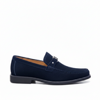 Navy blue suede loafers for men with silver metal buckle and moc-toe stitching for business casual wear