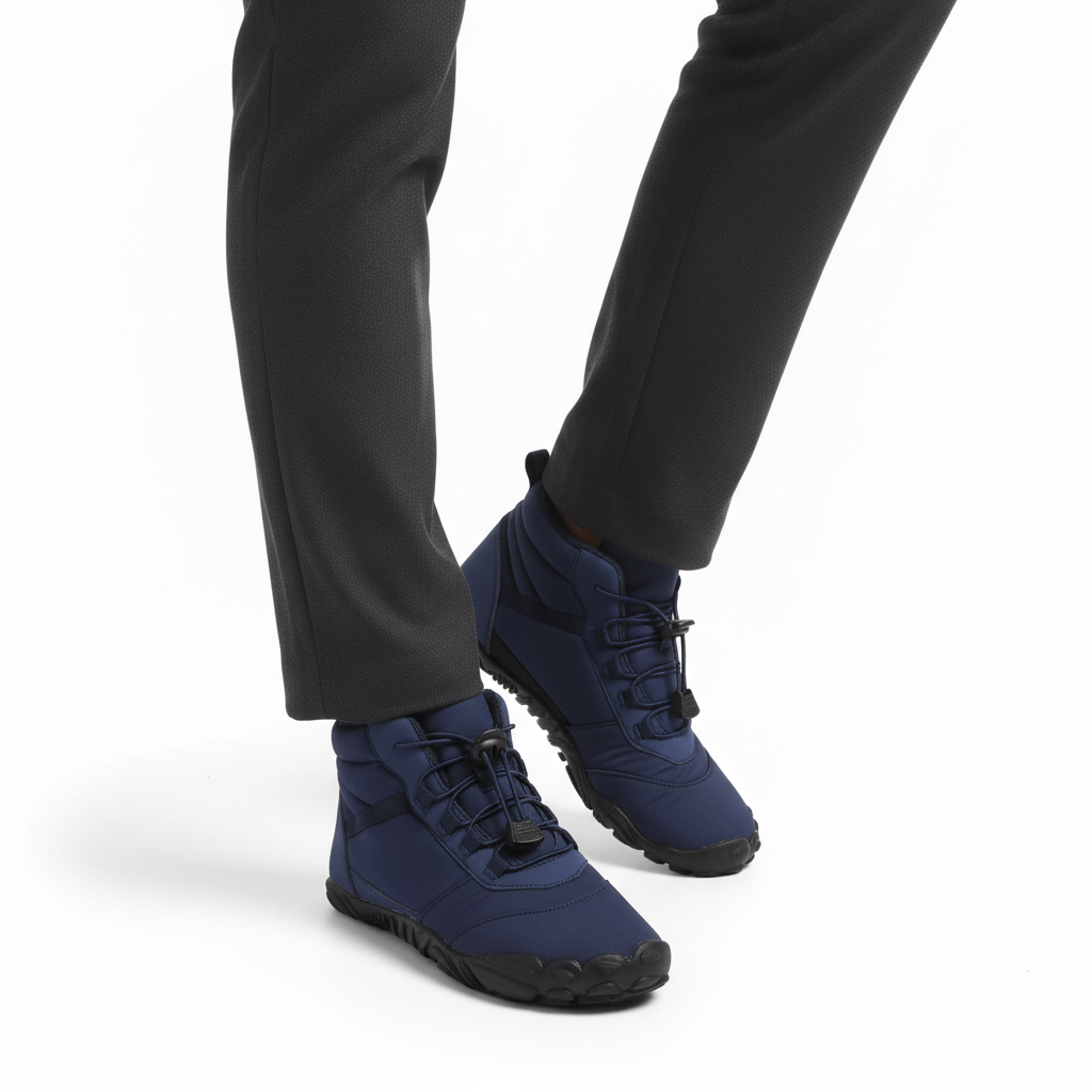Navy blue water-resistant barefoot ankle boots worn for outdoor winter activities and trail walking