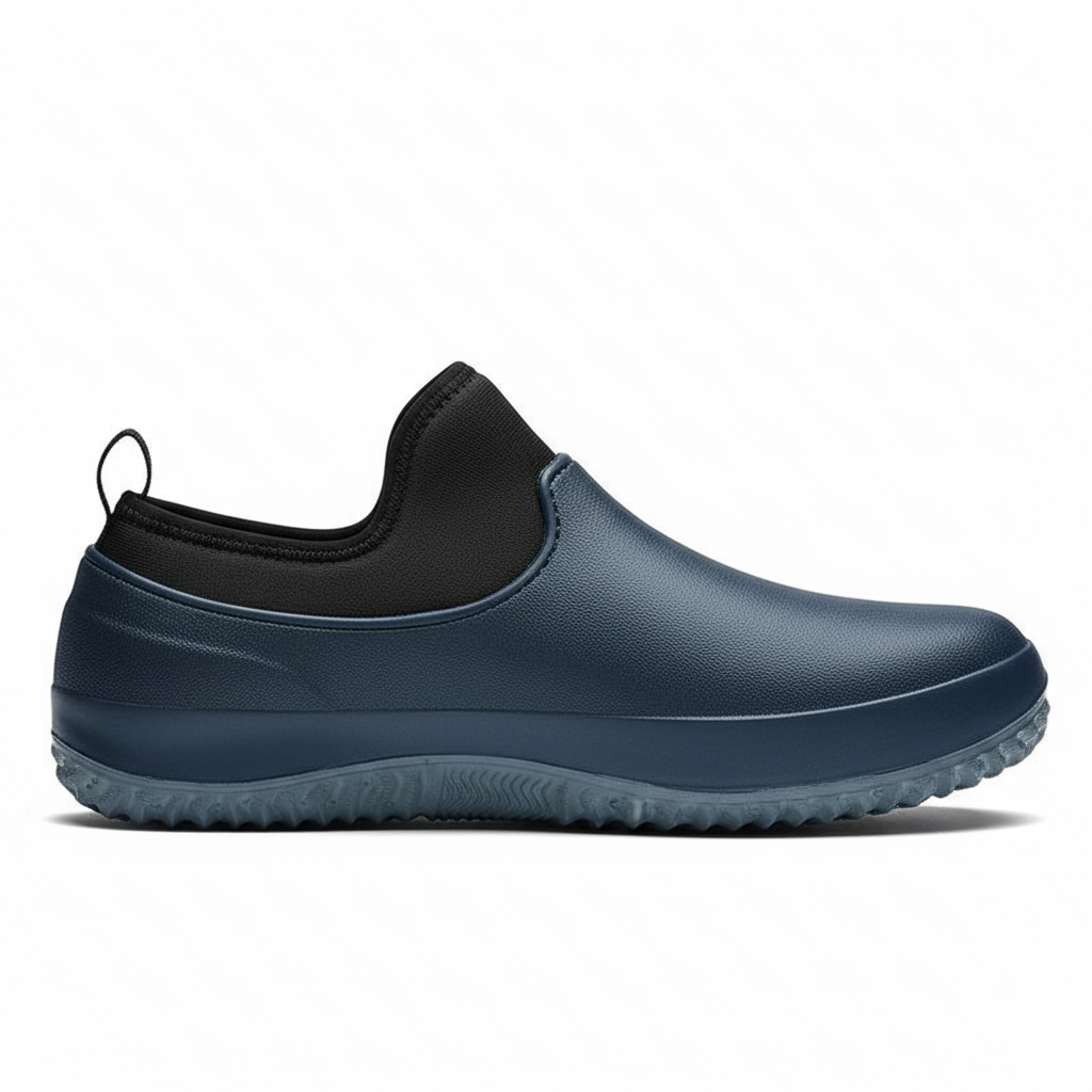 Navy blue waterproof chef shoes with elastic collar and non-slip sole for food service professionals