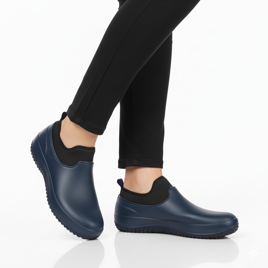 Navy blue waterproof slip-on work shoes with cushioned sole for men and women - Lewis Fordham UK