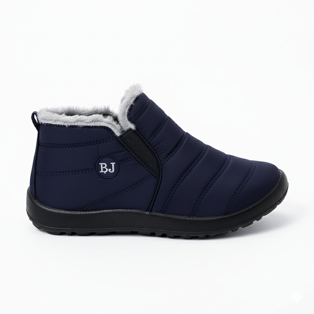Navy insulated winter boots with elastic side panels and plush fur lining for easy slip-on convenience