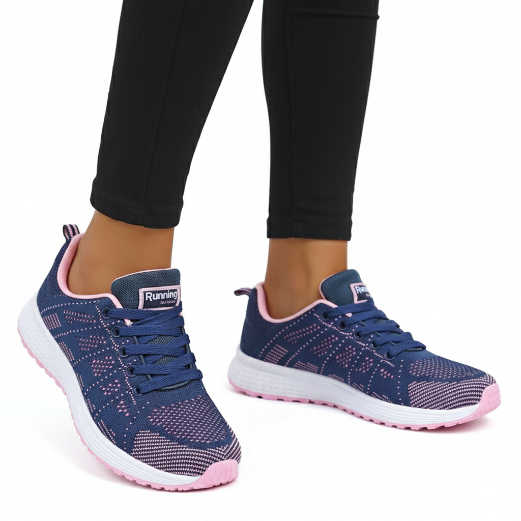 Navy blue and pink mesh running sneakers with white sole for women's athletic wear - Lewis Fordham UK