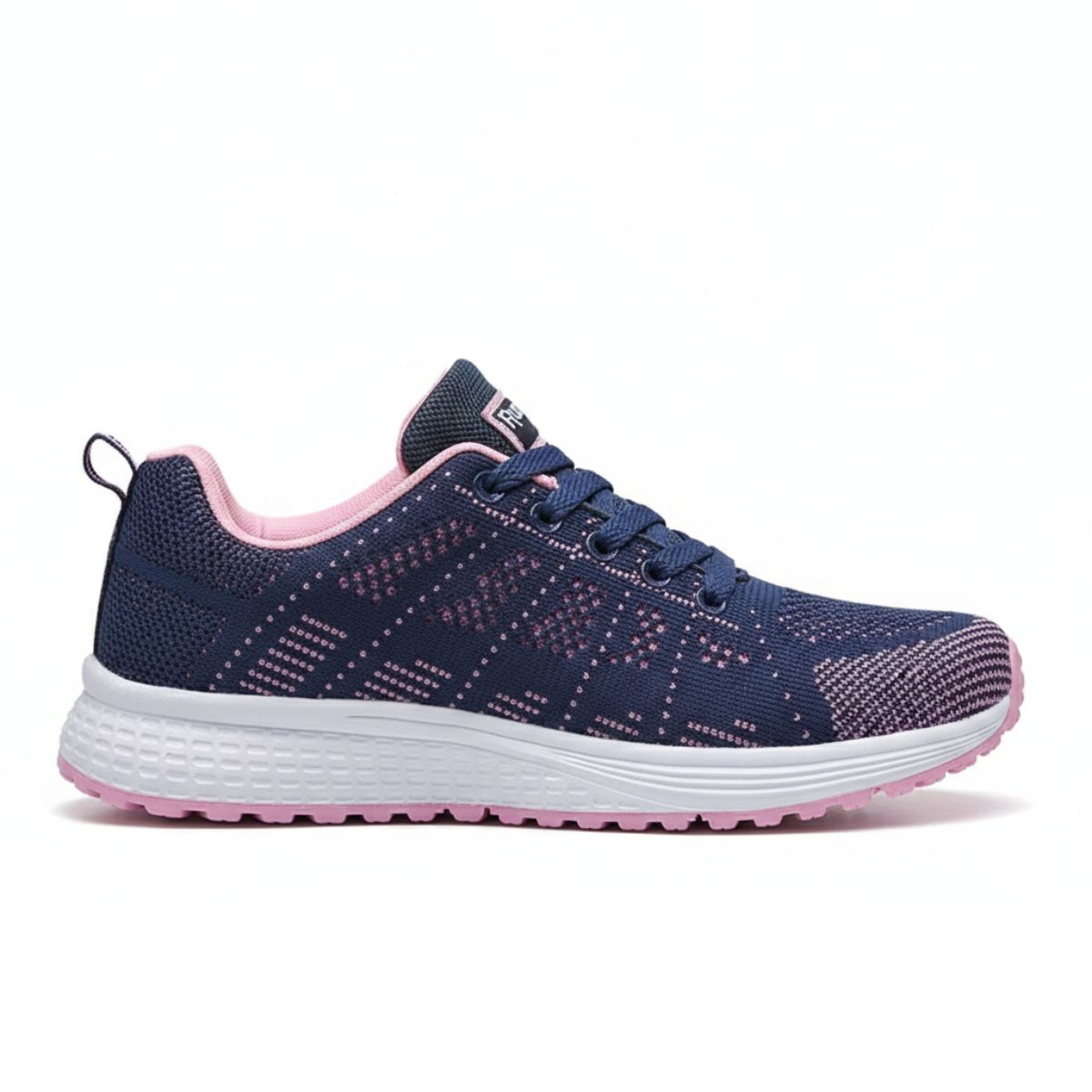 Navy blue and pink women's running trainers with breathable mesh fabric and cushioned pink sole