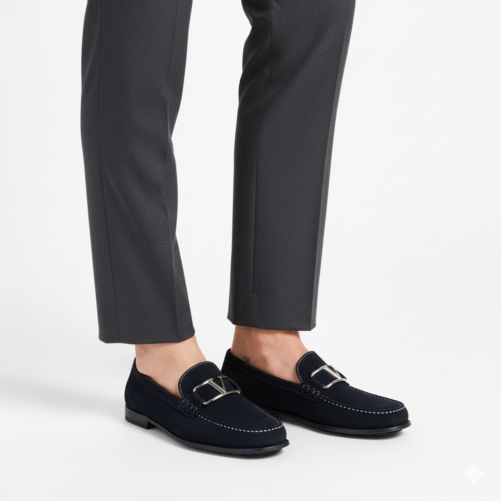 Navy suede dress loafers for men worn with tailored trousers for smart business casual style