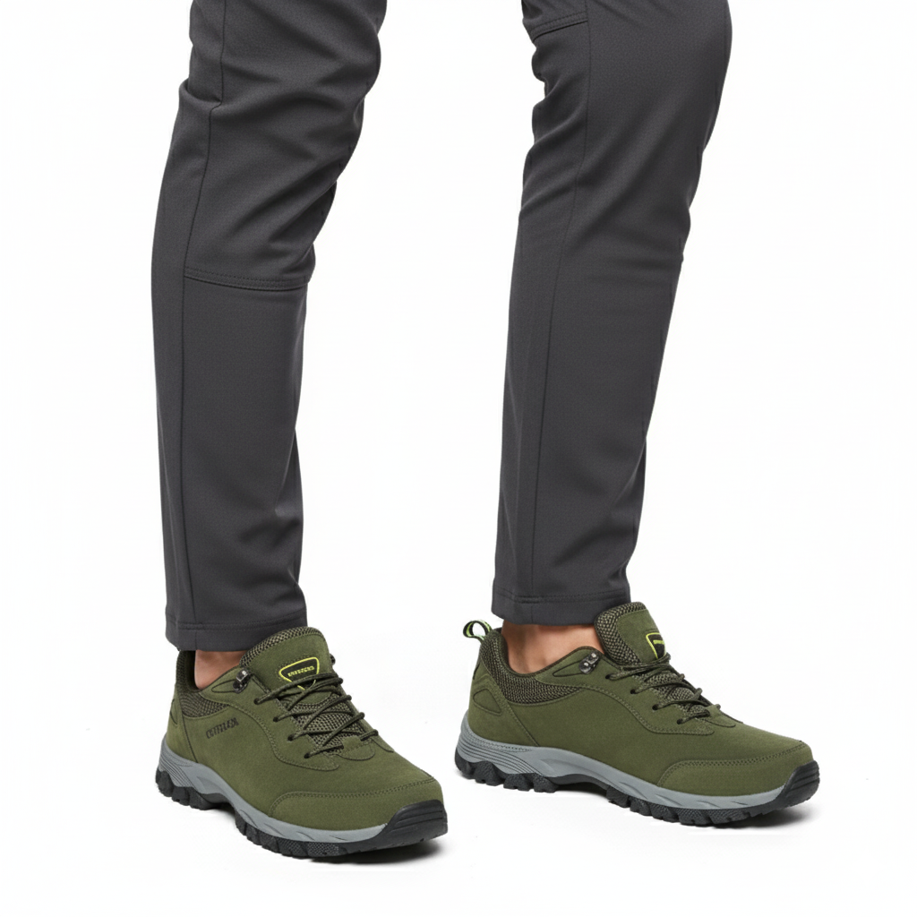 Olive green outdoor hiking shoes with mesh panels and rugged sole styled with grey trousers - Lewis Fordham UK