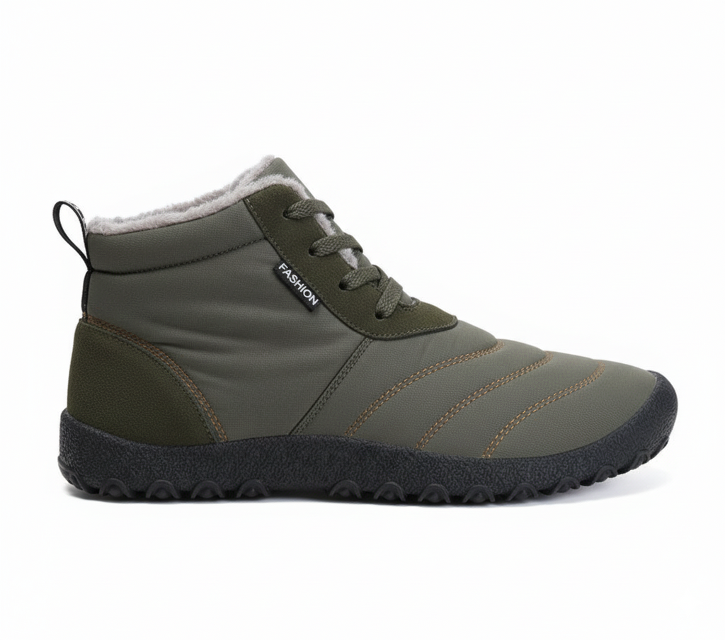 Olive green insulated barefoot winter boots for men with quilted upper and flexible sole, side profile view