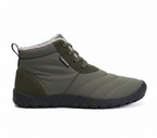 Olive green insulated barefoot winter boots for men with quilted upper and flexible sole, side profile view