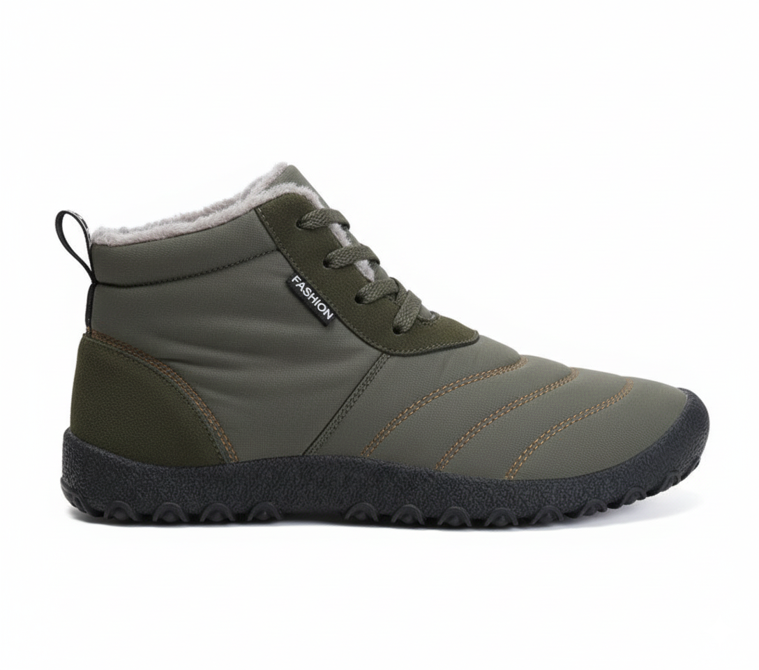 Olive green insulated barefoot winter boots for men with quilted upper and flexible sole, side profile view