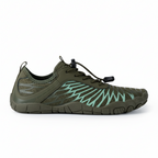 Olive green barefoot water shoes with wide toe box and non-slip textured sole for beach and water activities