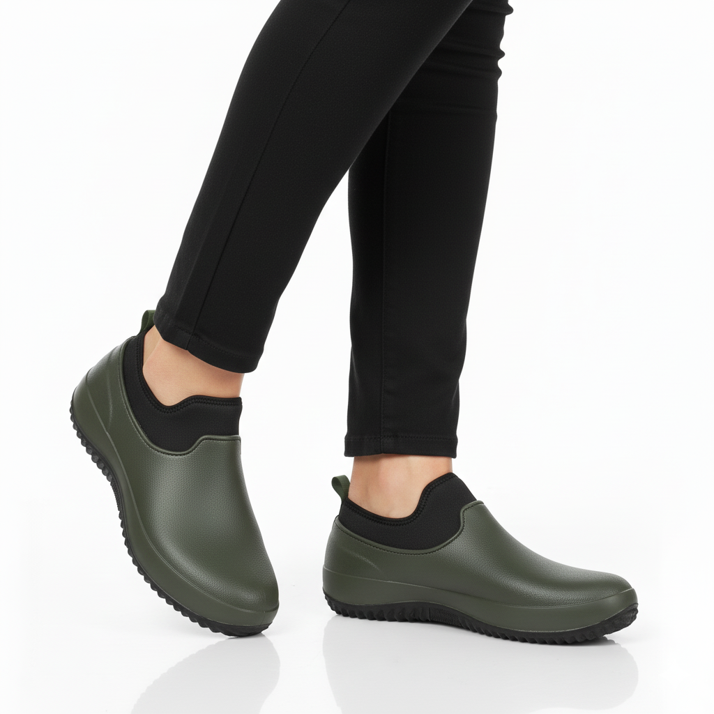 Olive green waterproof slip-on work shoes with black neoprene collar and grip sole - Lewis Fordham UK