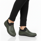 Olive green waterproof slip-on work shoes with black neoprene collar and grip sole - Lewis Fordham UK