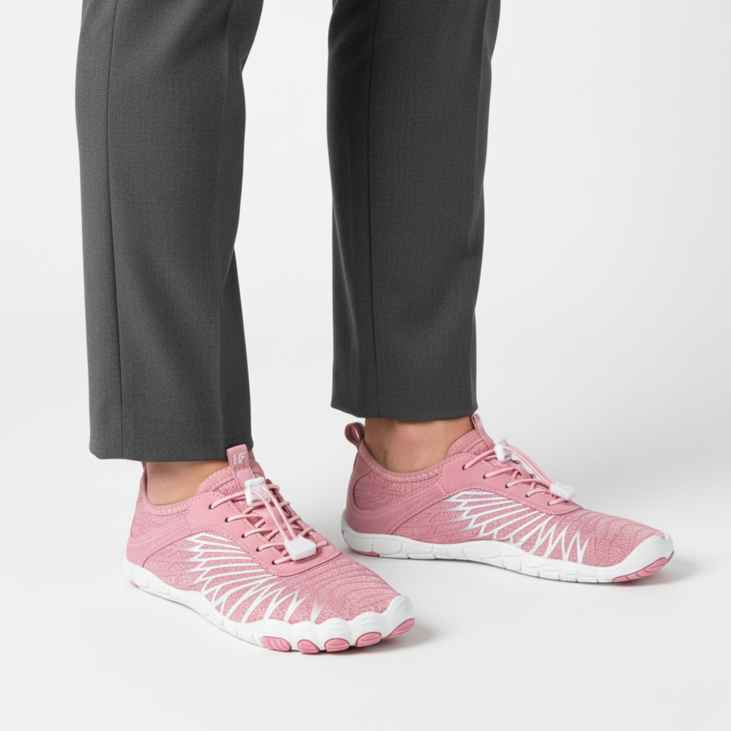 Pink quick-dry barefoot water shoes for women worn showing comfortable fit for pool and beach activities