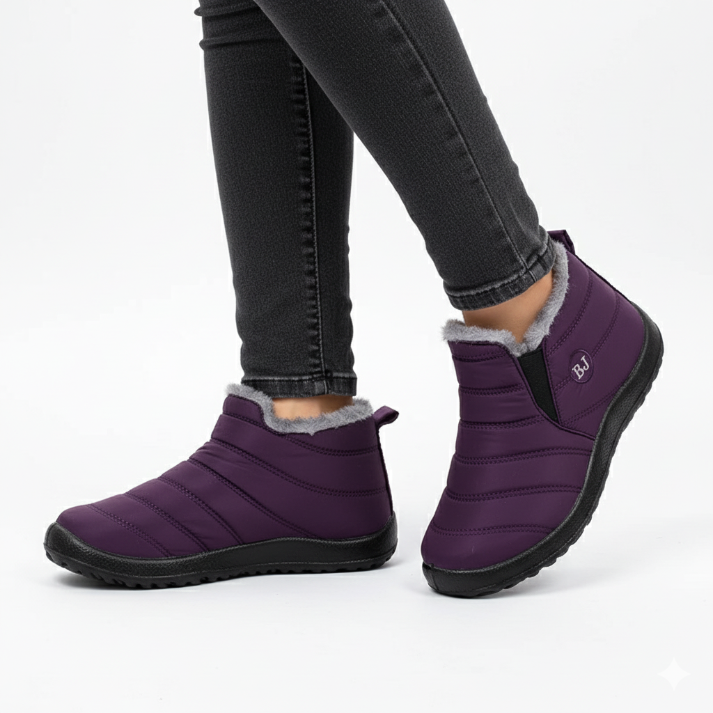 Purple waterproof ankle boots with grey fur lining and slip-on design for winter - Lewis Fordham UK