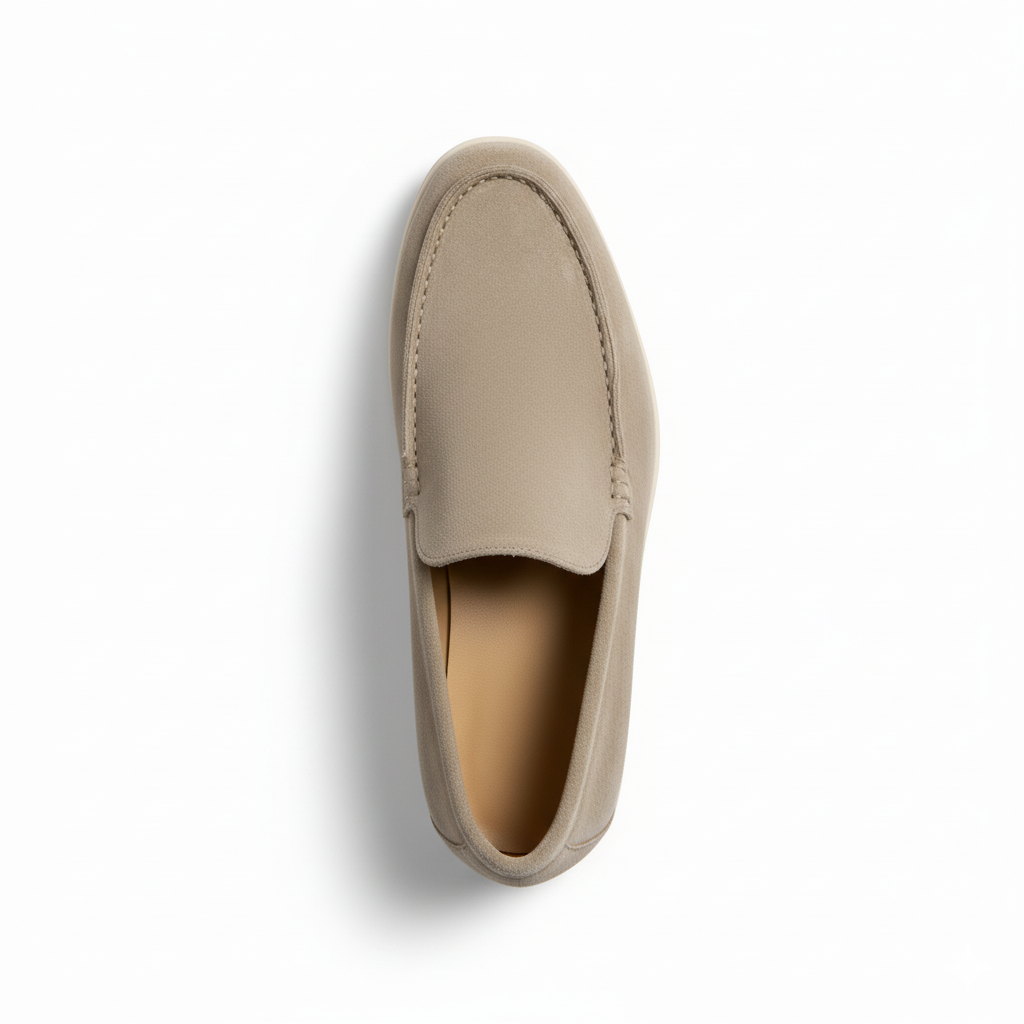 Top view of men's sand suede loafers showing minimalist slip-on design and clean lines