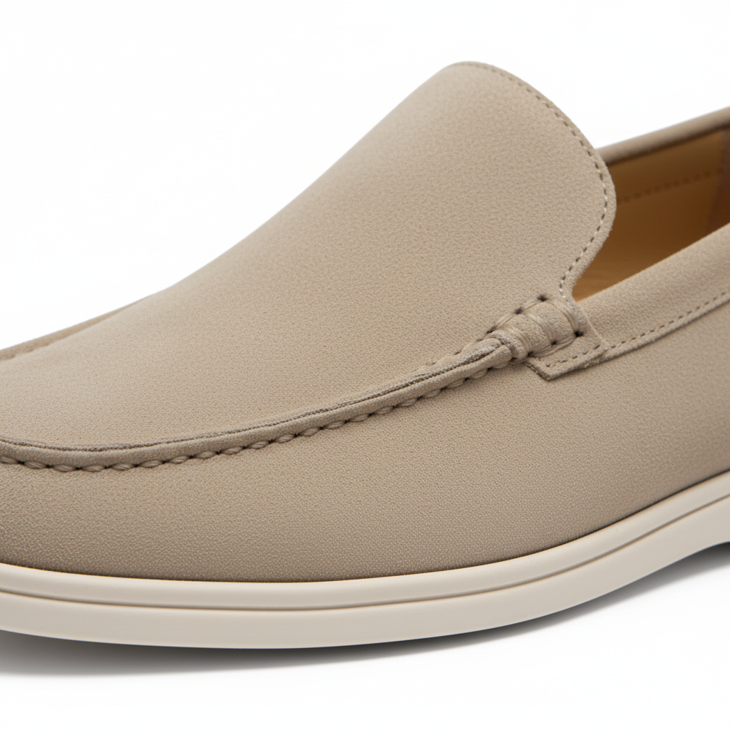 Close-up of sand suede loafers showing hand-stitched moc-toe detail and premium craftsmanship