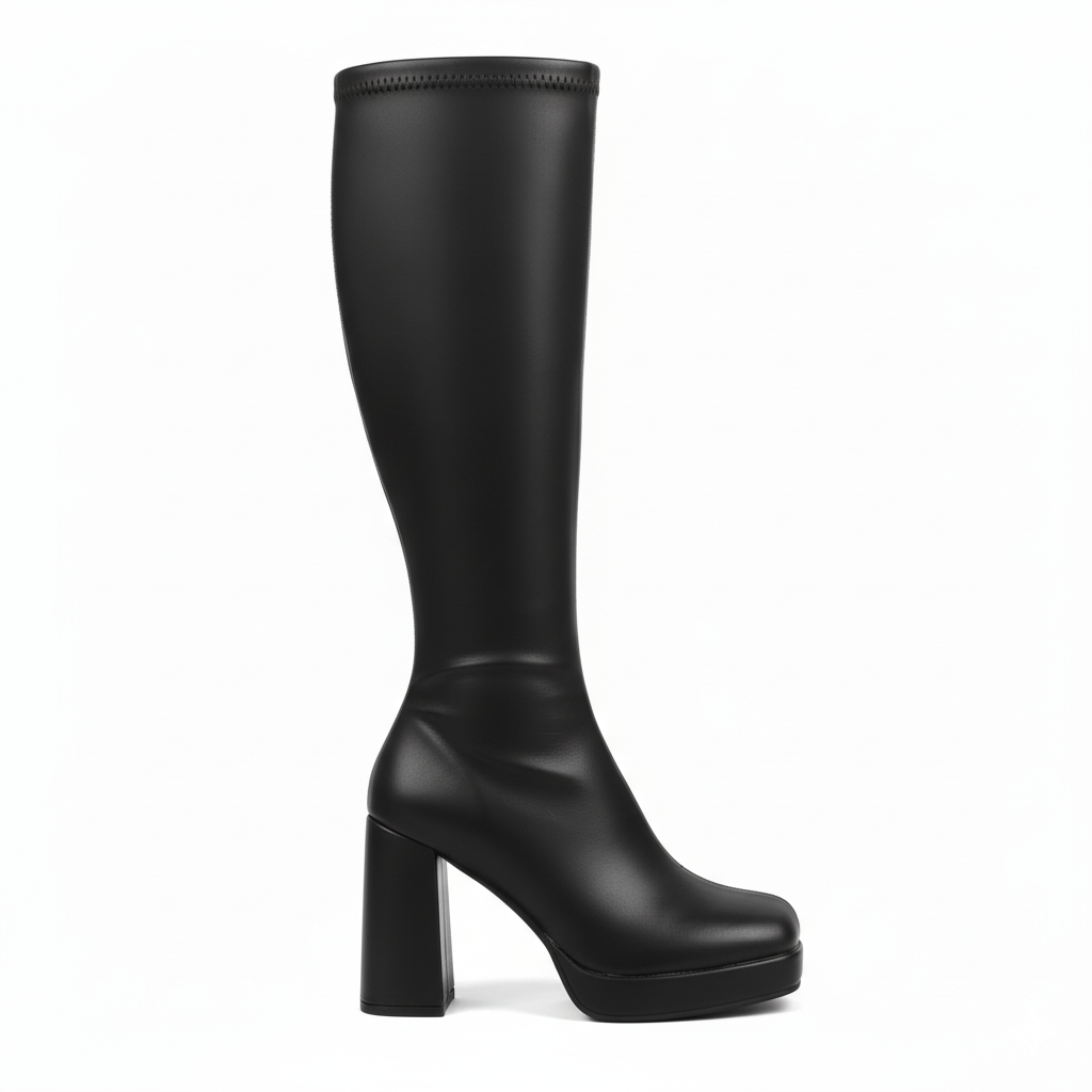 side view of women's black platform boots showing substantial block heel and platform sole