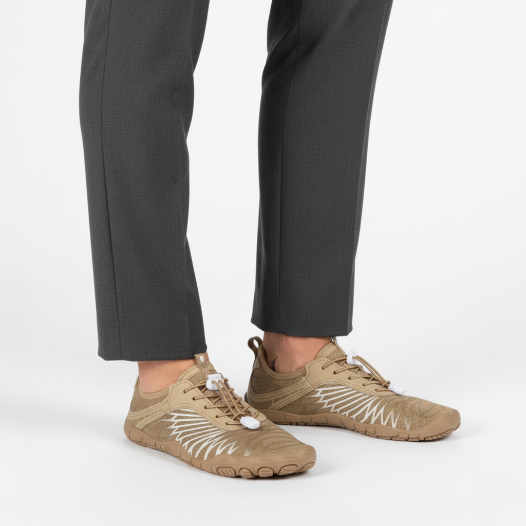 Tan minimalist barefoot aqua socks worn showing flexible design for water sports and casual activities