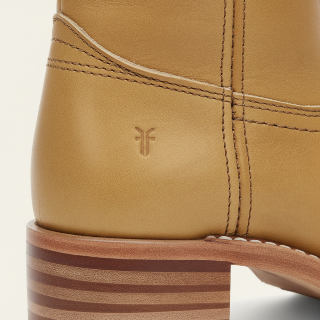 Close-up detail of tan leather knee-high boots showing contrast stitching and stacked block heel