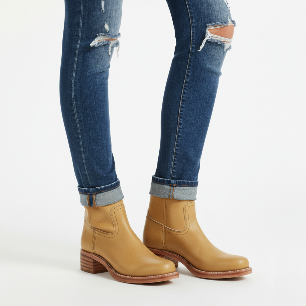 Tan leather knee-high boots for women styled with rolled denim jeans showing ankle fit