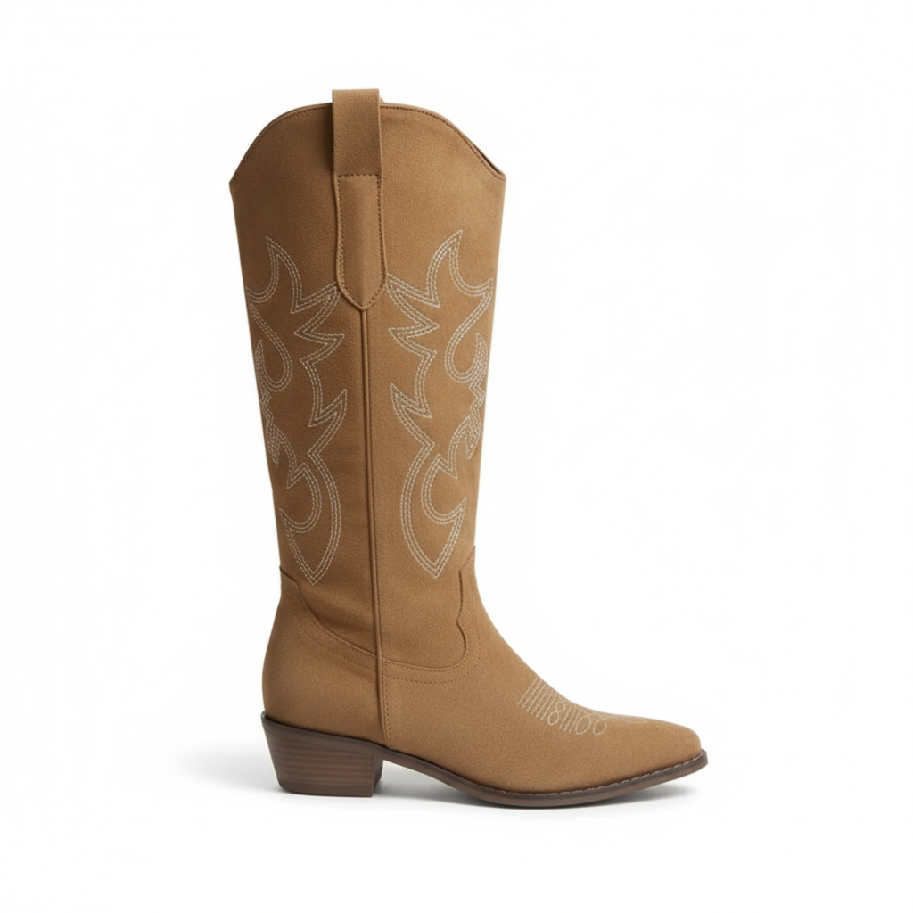 Tan suede Western boots for women with white embroidered flame stitching and stacked heel