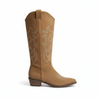 Tan suede Western boots for women with white embroidered flame stitching and stacked heel