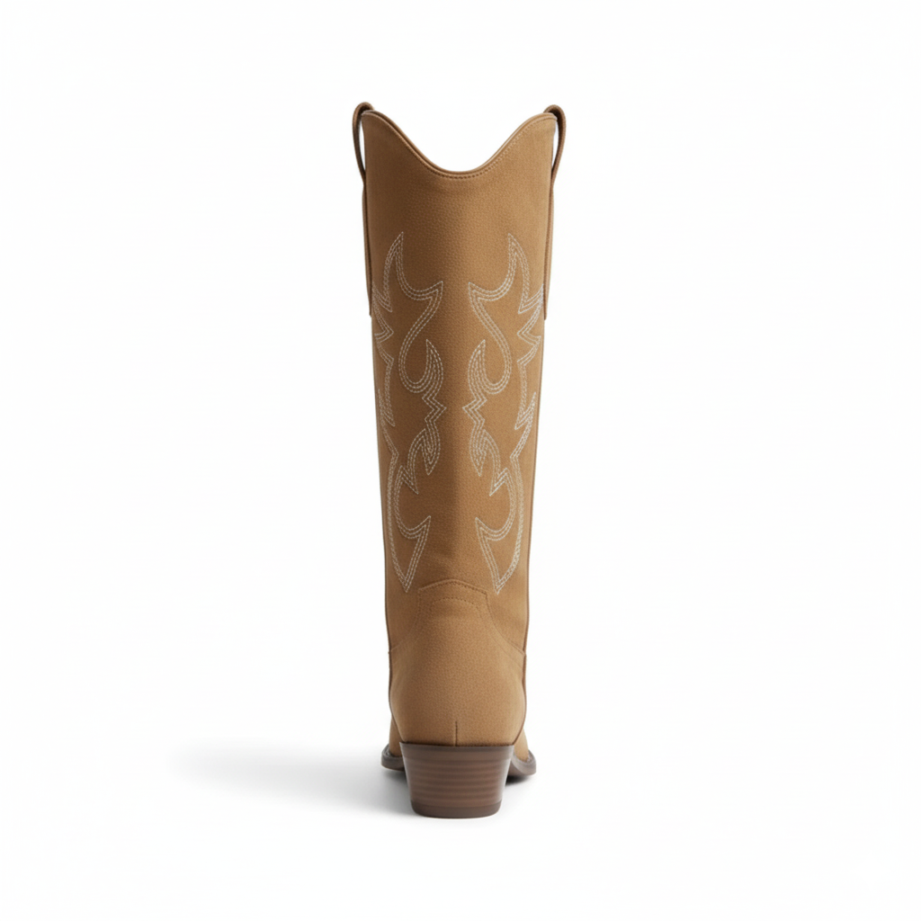 Back view of tan Western knee-high boots displaying stacked Cuban heel and decorative stitching