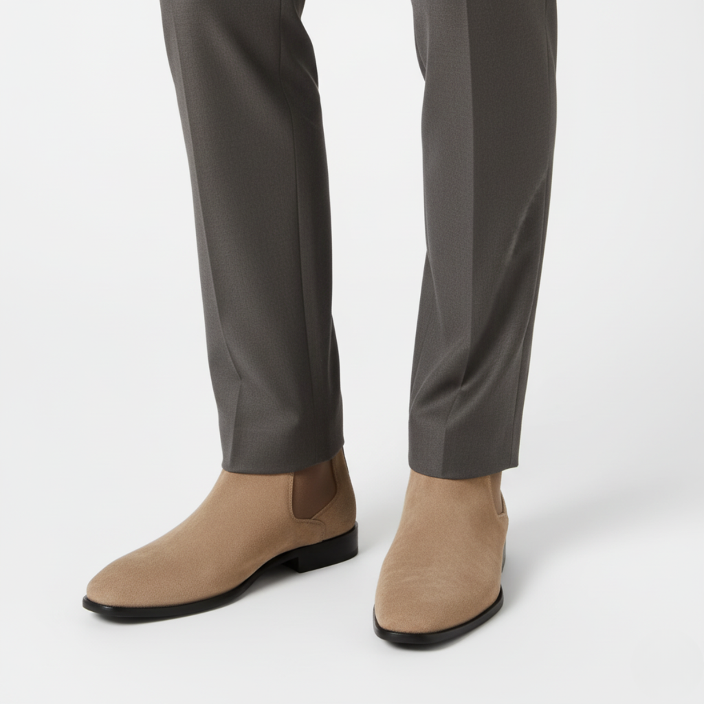 Taupe suede Chelsea ankle boots for men worn showing square toe design and classic pull-on style