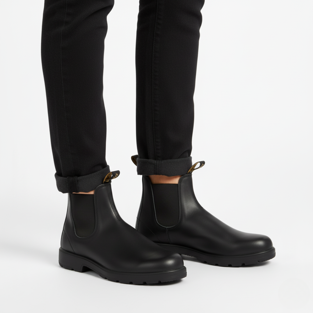 Chelsea boots unisex styled with rolled jeans showing versatile casual wear