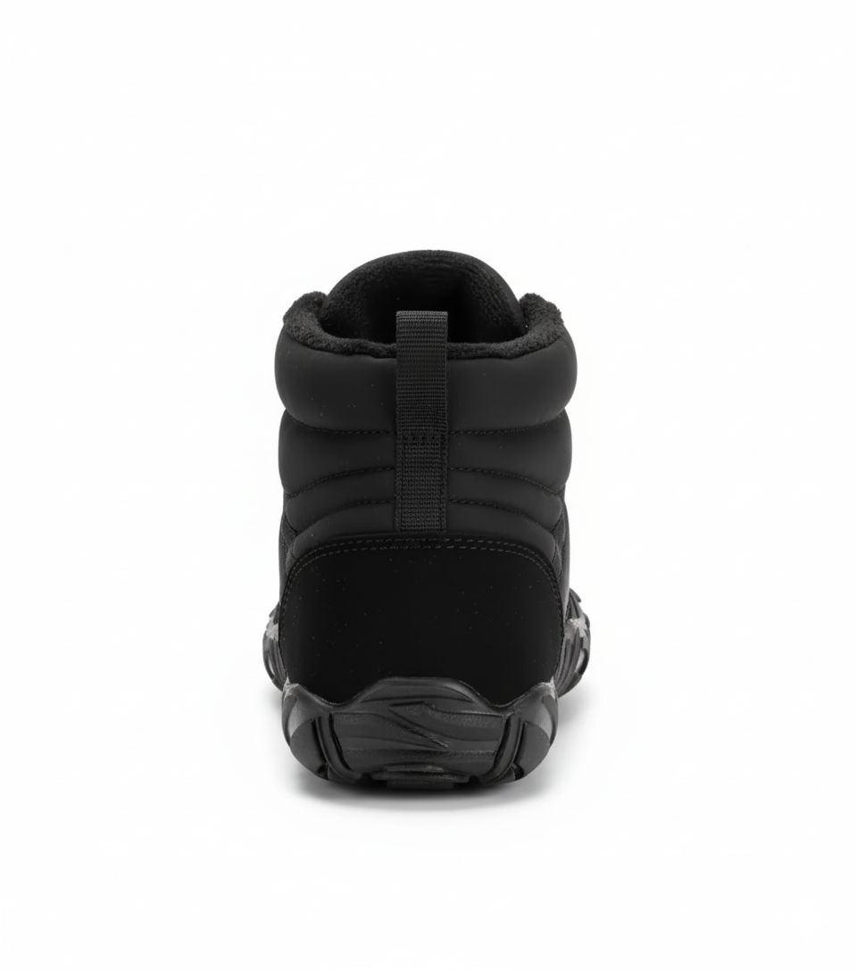 Waterproof barefoot ankle boots with deep tread rubber sole for traction on snow and ice