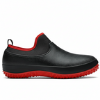 Waterproof slip-on work shoes with black upper and red non-slip rubber sole for kitchen and restaurant workers