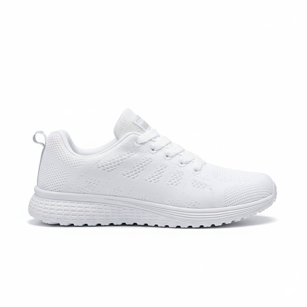 White breathable athletic walking shoes for women with mesh upper and comfortable lace-up design