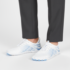 White and blue minimalist barefoot shoes with zero-drop sole worn for gym training and casual activities
