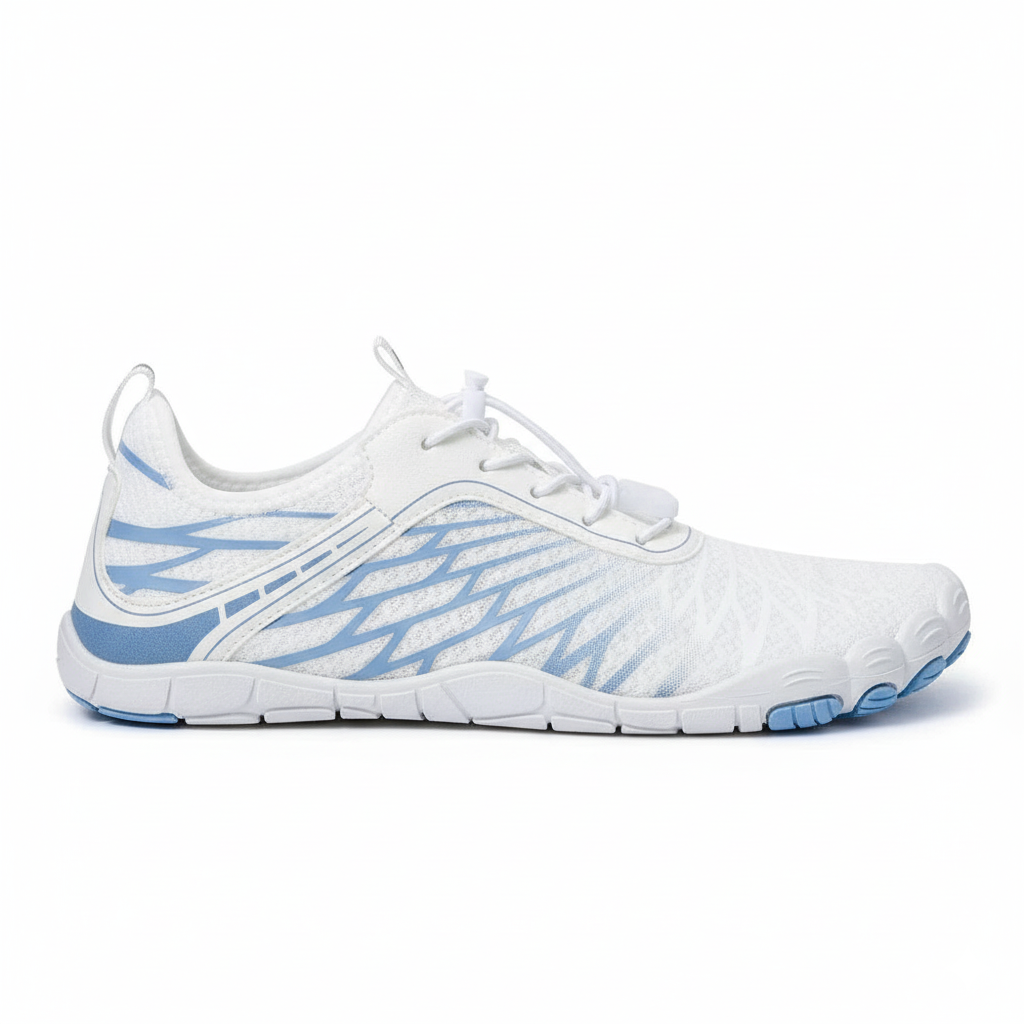 White and light blue quick-dry barefoot shoes with wide toe box and lightweight flexible design