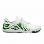 White and green barefoot trainers with ultra-flexible sole and wide toe box side view for natural alignment