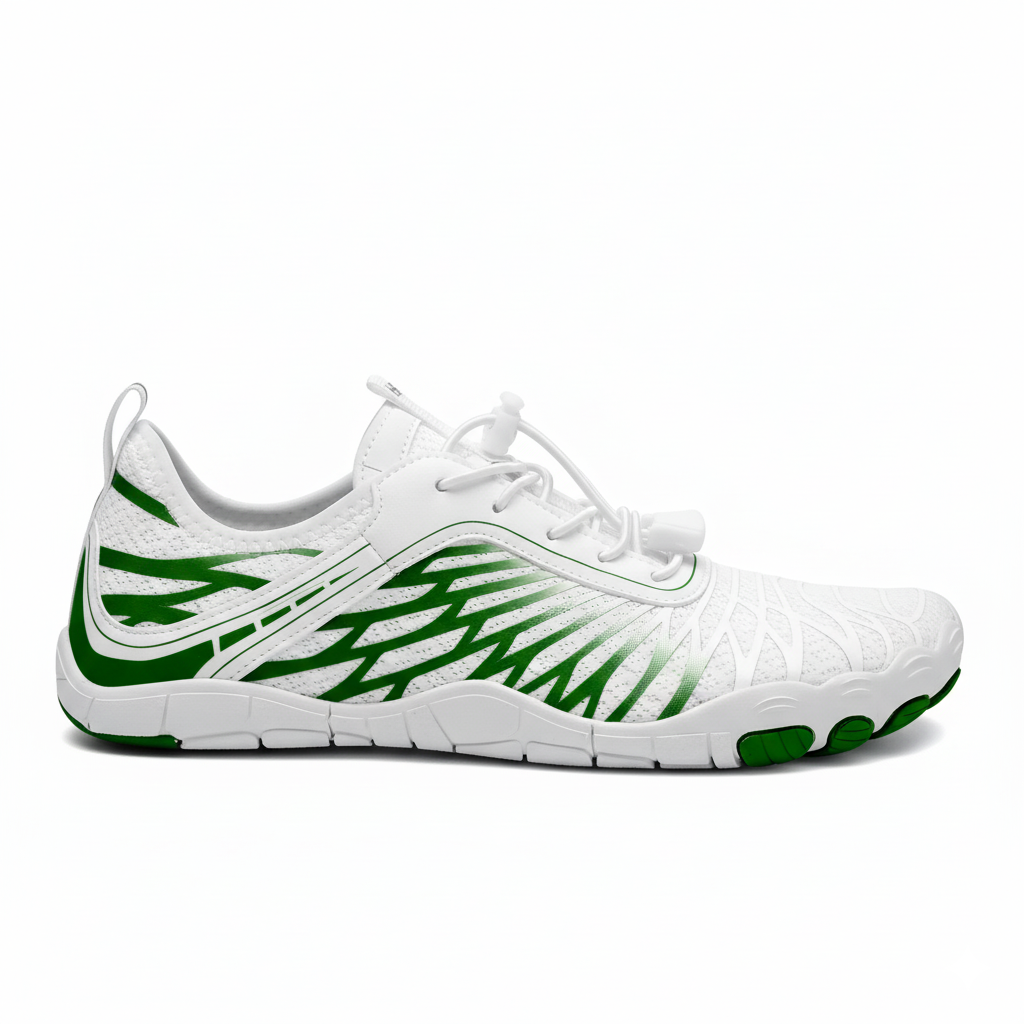 White and green barefoot trainers with ultra-flexible sole and wide toe box side view for natural alignment