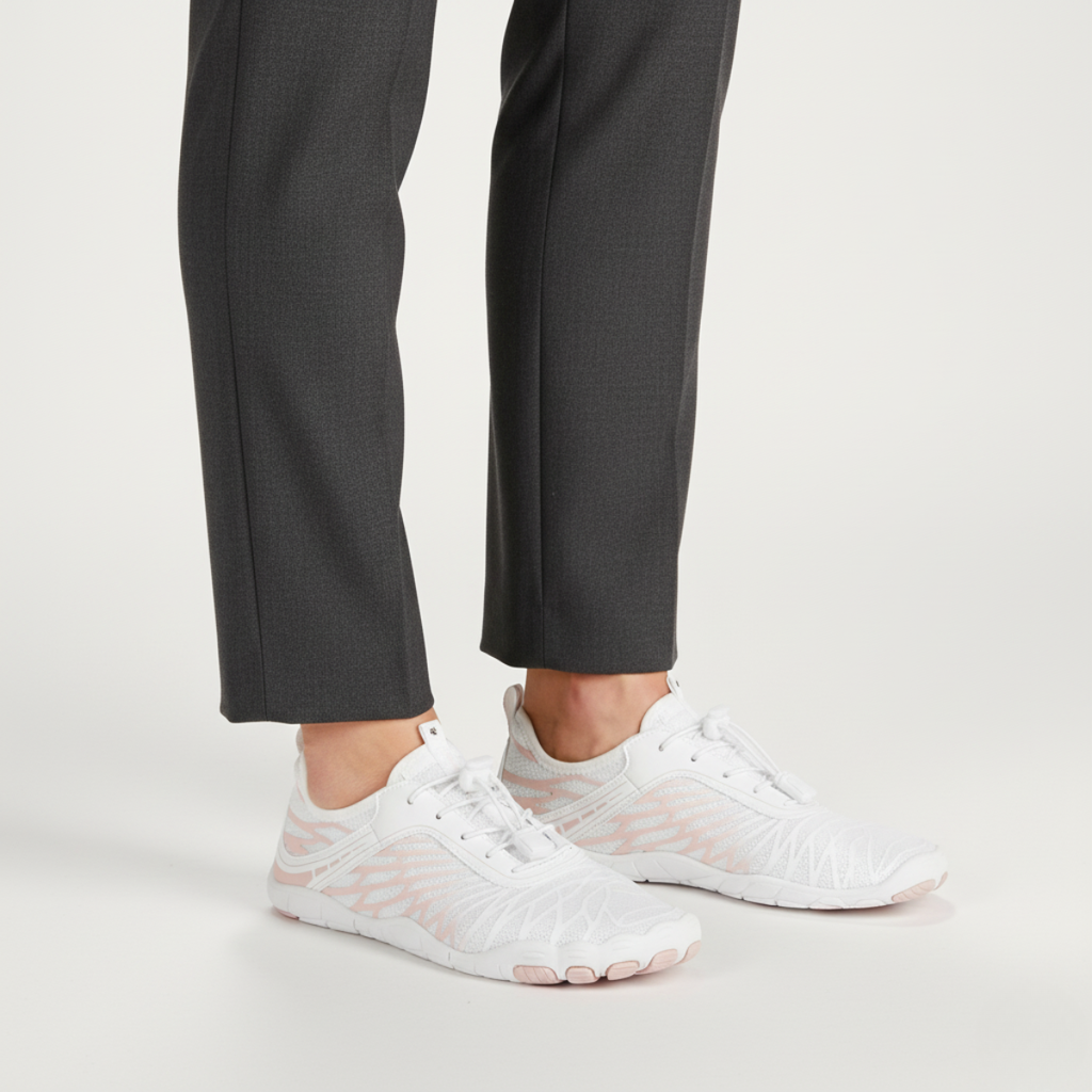 White and pink barefoot athletic shoes with wide toe box and quick-dry mesh for women's gym and water sports