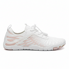 White and pink minimalist athletic shoes with wide toe box and breathable mesh for comfort and natural movement