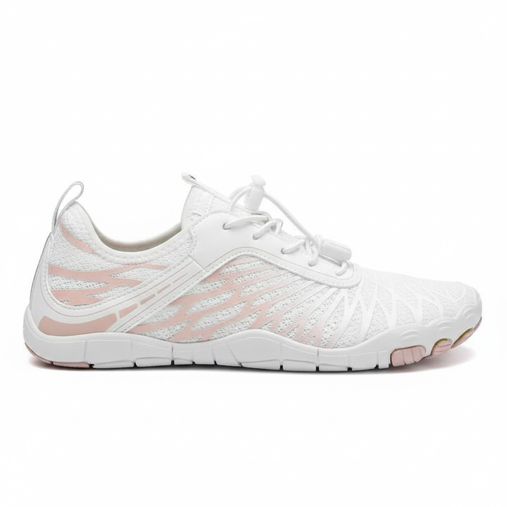 White and pink minimalist athletic shoes with wide toe box and breathable mesh for comfort and natural movement