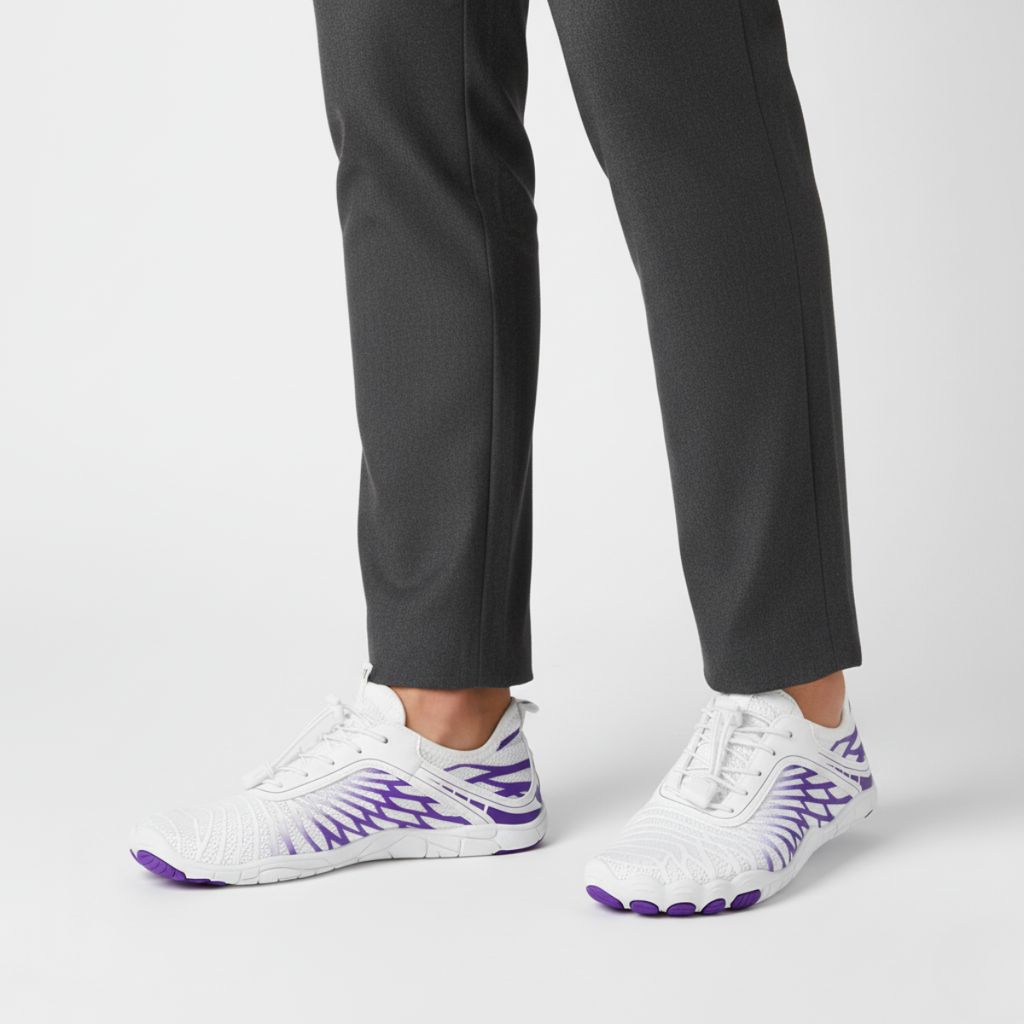White and purple minimalist trainers with zero-drop flexible sole and wide toe box for women's fitness activities
