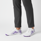 White and purple minimalist trainers with zero-drop flexible sole and wide toe box for women's fitness activities