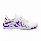 White and purple zero-drop barefoot trainers with wide toe box and breathable mesh for natural movement