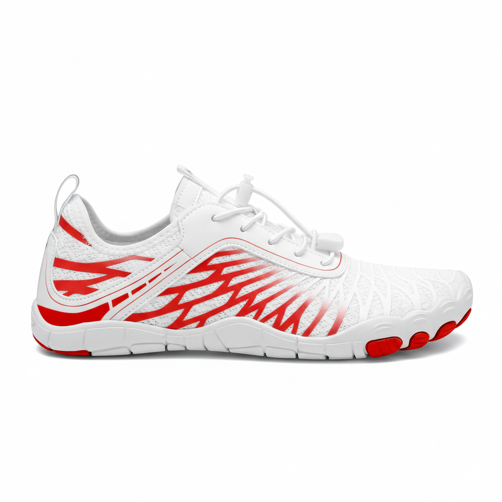 White and red wide toe box barefoot shoes showing non-slip textured sole and flexible construction detail