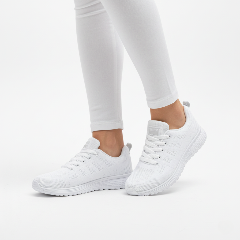 White breathable mesh running sneakers with white sole and cushioned midsole for women - Lewis Fordham UK