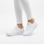 White breathable mesh running sneakers with white sole and cushioned midsole for women - Lewis Fordham UK