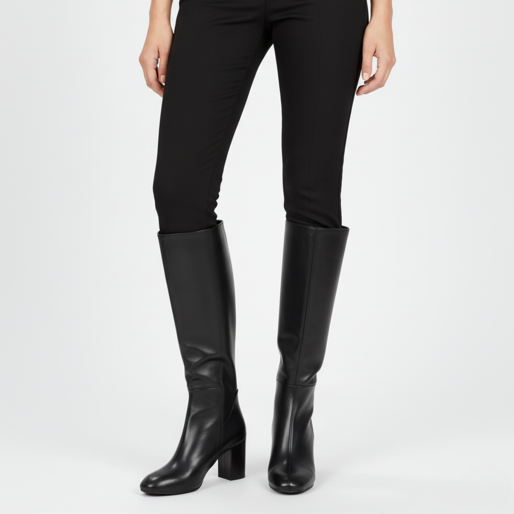 Black leather knee-high boots styled with black leggings for sleek, elegant appearance