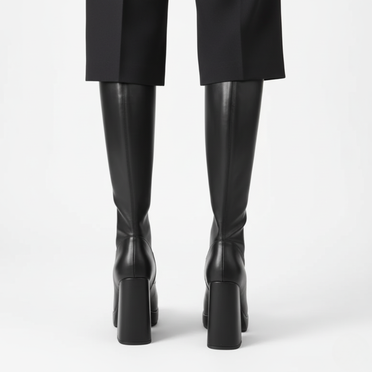 back view of women's black platform boots showing substantial block heel and platform sole